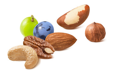 Poster - Brazil nut, pecan, hazelnut, almond, cashew and grapes isolated on white background. Diagonal composition