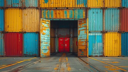 Poster - container box in warehouse in shipping port