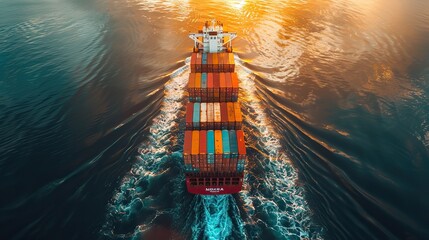 Poster - container ship at seaport import export global business company worldwide logistic and transportation aerial view container cargo industrial vessel boat freight ship