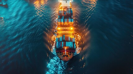 Poster - container ship at seaport import export global business company worldwide logistic and transportation aerial view container cargo industrial vessel boat freight ship