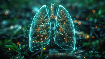Poster - lungs hologram looks over the test results on the virtual interface and analyzes the data donation future medicine hospital service digital healthcare and network connection