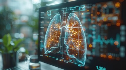 Wall Mural - lungs hologram looks over the test results on the virtual interface and analyzes the data donation future medicine hospital service digital healthcare and network connection