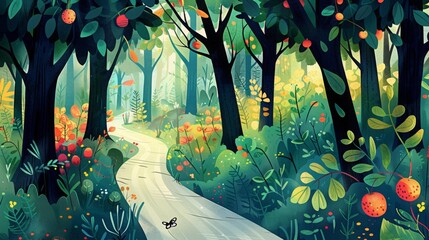 Wall Mural - in the forest, fruit tree inside, butterfly around, with a road in the middle