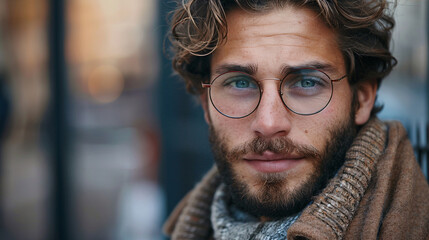 Attractive young man with stylish hair and eyeglasses, looking successful