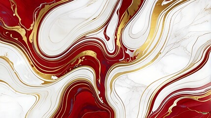 Wall Mural - Abstract Marble Wave Acrylic Background. White and red Marble Texture with golden Ripple Pattern.