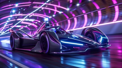 Poster - Electric racers zoom through neon-lit tunnels on a futuristic track, creating a thrilling speed spectacle.