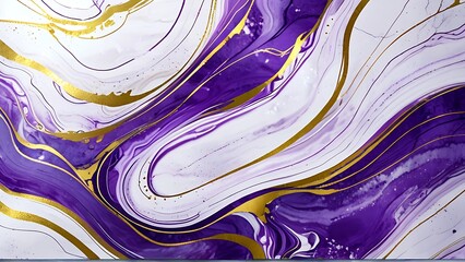 Wall Mural - Abstract Marble Wave Acrylic Background. White and purple Marble Texture with golden Ripple Pattern.