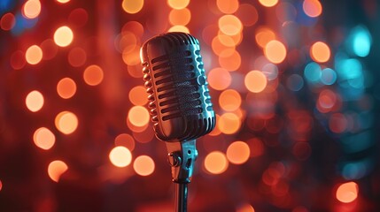 A close-up shot of a retro metal microphone on a stage stand with a bokeh light background. Karaoke or music concert, sound equipment concept. Generative Ai.