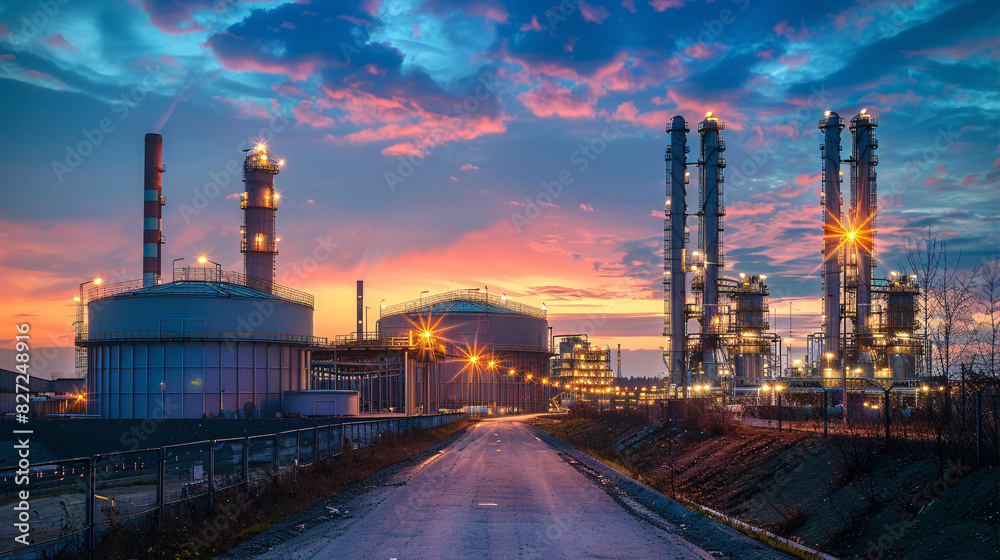 Evening view of a natural gas processing plant with towering chimneys ...