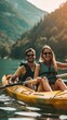 © liliyabatyrova - A man and woman are paddling a yellow kayak on a lake