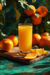 Wall Mural - A glass of orange juice is on a wooden table with a bunch of oranges