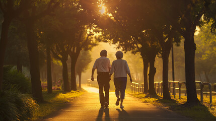 Two individuals strolling on pathway amidst tree-lined route