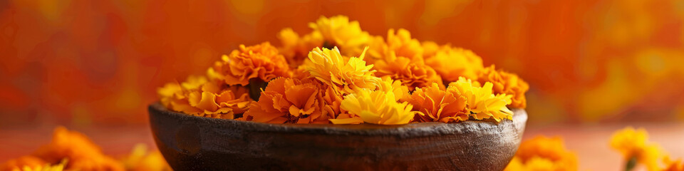 Canvas Print - A bowl of orange flowers sits on a table