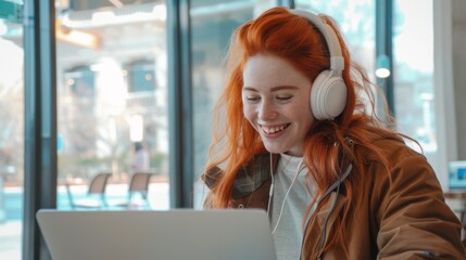 Wall Mural - The redhead woman with headphones