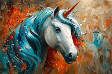  Abstract painting of a white unicorn with blue mane and horn.
