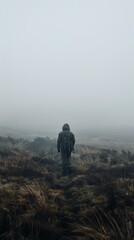 Poster - A man is walking through a foggy field
