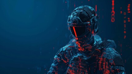 Digital binary silhouette of a scifi soldier, top view  Soldier outlined with flowing binary code coded soldier  digital binary as object  Vivid