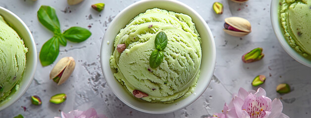 Wide banner photo of delicious scoop of creamy green color pistachio ice cream sorbet on an icecream cup with nuts and pieces around in white background