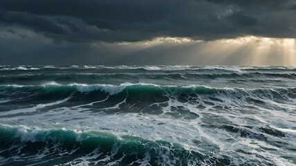 Wall Mural - Stormy seascape with stormy sea waves and sun rays