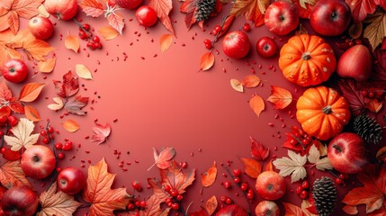 Wall Mural - fall harvest decoration, border of pumpkins, leaves, and fruits for a festive thanksgiving day background in autumnal colors
