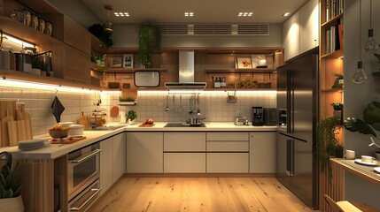 Wall Mural - Compact kitchen with efficient storage solutions and smart design, realistic interior design