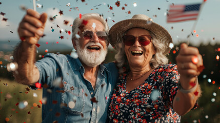 An elderly couple celebrates Independence Day in festive attire