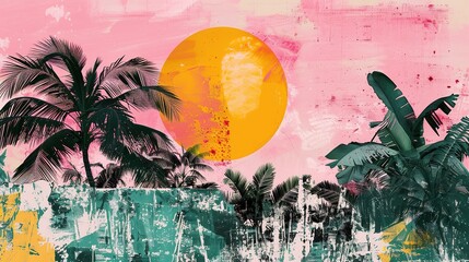 Poster - Contemporary art collage. sun isolated on abstract tropical yellow background. Bw, pink and green