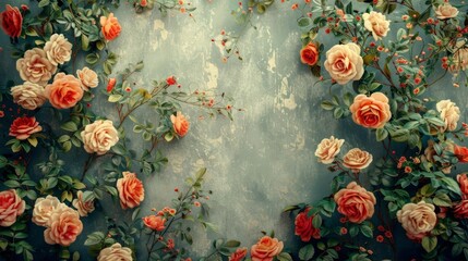 An elegant floral pattern of climbing roses in full bloom. The soft, muted colors create a romantic and vintage feel.