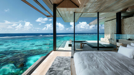 Wall Mural - Luxurious bright bedroom overlooking the blue ocean