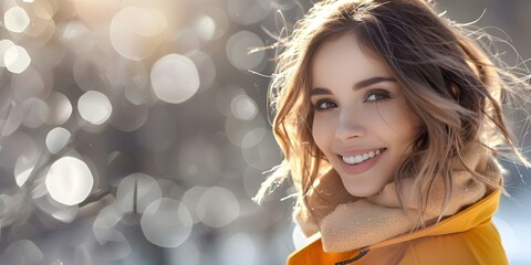 Wall Mural - Portrait of a young woman smiling in a vibrant yellow coat outdoors. Concept Outdoor Photoshoot, Colorful Props, Joyful Portraits, Fashion Photography, Vibrant Yellow Coat