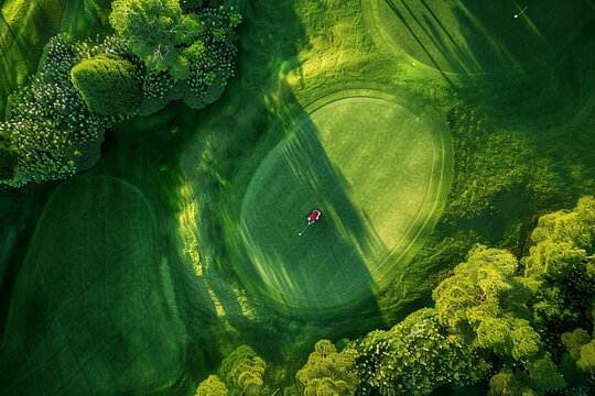 An aerial view of a golfer putting on the green, with the golf ball rolling toward the hole and the club held in the player's hands, against a backdrop of meticulously landscaped terrain