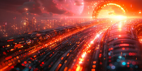 Poster - High-Speed Futuristic Galactic Cityscape at Dusk, Cyberpunk-Inspired Urban Horizon with Advanced Infrastructure