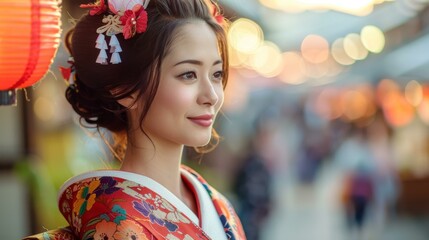 Wall Mural - Young Woman Wearing a Traditional Japanese Kimono in a Festive Setting