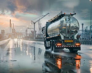 Wall Mural - an industrial truck with a large tank on the back, carrying oil or chemical liquid