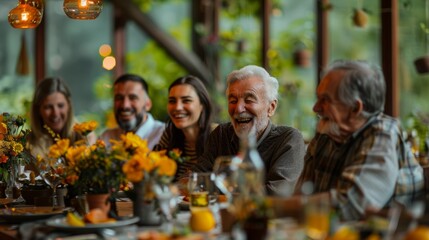 Wall Mural - Elderly man laughing with family at a festive dinner table, decorated with yellow flowers and warm lighting
