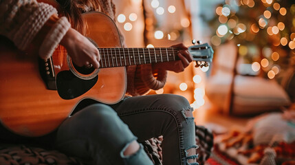 A woman is playing a guitar in a room with Christmas lights