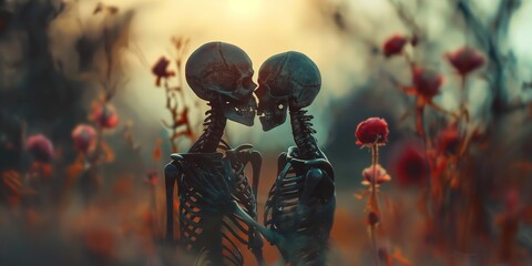 two skeletons lover together hugging and kissing with love and affection, bokeh light background, ro