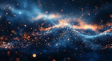Abstract dark blue background with golden bokeh lights. This image showcases a dreamy