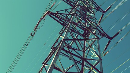 Close-up of a high-voltage pylon, with intricate metalwork against a backdrop of clear blue skies