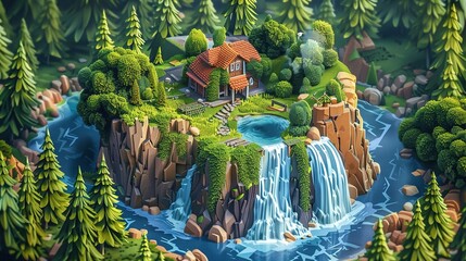 Wall Mural - Island cottage in the woods river UHD wallpaper