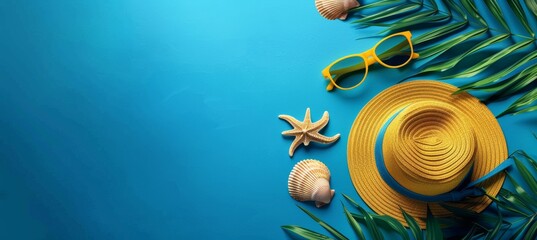 Summer blue banner with yellow hat, sunglasses, seashell, and monstera leaf on blue background