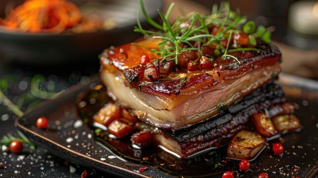 Succulent triple-layered pork belly, boasting crispy skin and tender meat, a culinary masterpiece