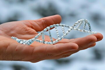 Sticker - Hand holding a delicate DNA helix model, detailed close up, scientific precision