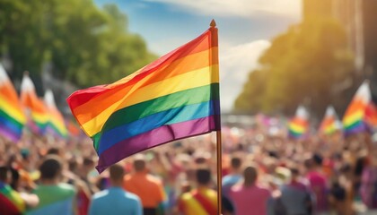 a waving LGBT flag against the backdrop of a Queer Pride Month procession parade, many people at a rally big city, gay, the fight against homophobia