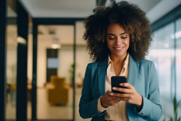 Poster - Beautiful smiling curly-haired businesswoman using smartphone in office, copy space. Beautiful smiling curly-haired businesswoman using smartphone in office, copy space