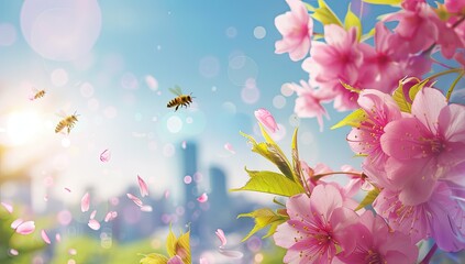 Wall Mural - Honey Bees Pollinating Cherry Blossom Flowers