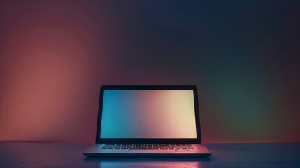 Poster - A laptop is open on a table with a purple background