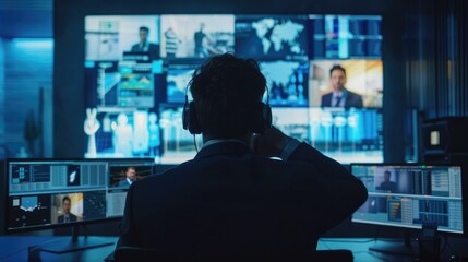 Poster - Businessperson leading a virtual meeting, multiple screens and participants visible