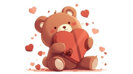 Canvas Print - A cheerful cartoon mascot of a brown teddy bear is depicted holding a heart shaped valentine presented in a raster illustration set against a white background