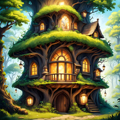 Wall Mural - adventurous dwarf house in a tree , ai-generatet